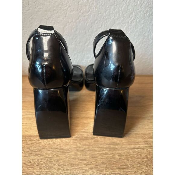 Gianni Bini GB Black Chunky Ankle Strap Open Square Toe Patent Block Heels Size8 - Picture 5 of 8
